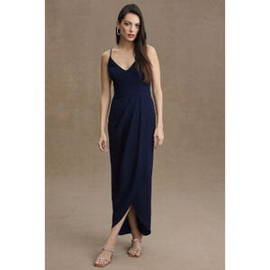 New Anthropologie BHLDN Lyra V-Neck Faux-Wrap Stretch Crepe Midi $198 Sz 10 Navy